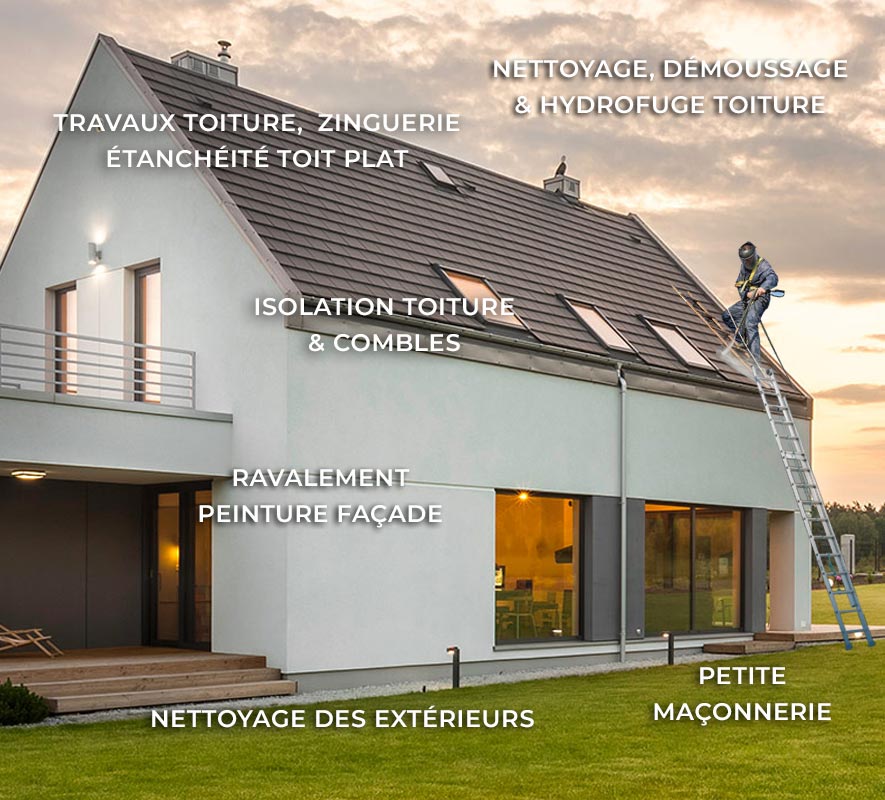 ÉTANRENOV 56 : Couvreur dans le Morbihan (56) et le Finistère (29) : Travaux de couverture, zinguerie, faîtage, Nettoyage démoussage et peinture hydrofuge toiture, étanchéité toit plat terrasse, isolation toit combles, ravalement peinture façade, nettoyage des extérieurs et petite maçonnerie